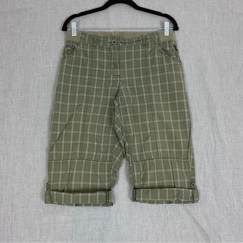 Reitmans Capris Cotton Green Plaid Sz 9 Roll Tab Cuffs Soft Band Elastic Waist